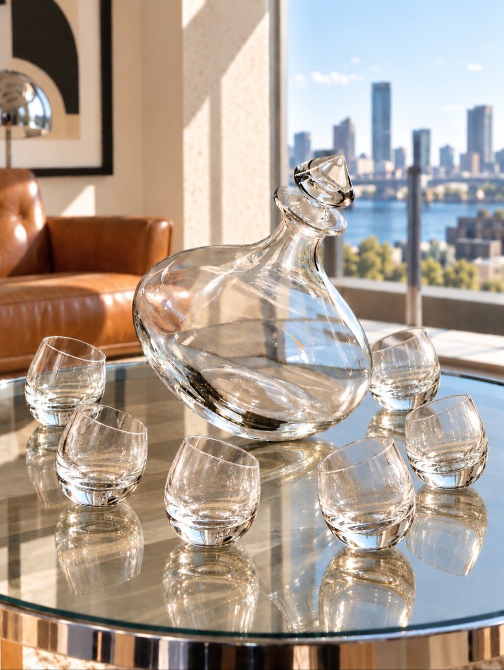 Vintage MCM Roly Poly Rocking Decanter Cordial Glasses Bar Set 7 Pc